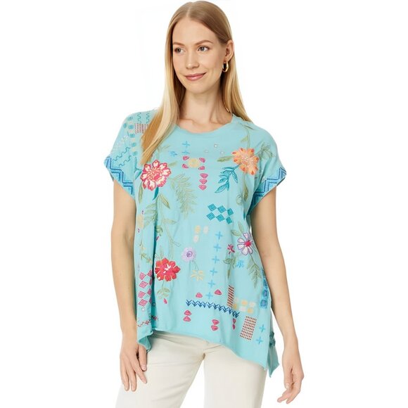 Johnny Was Katie Relaxed Drape Tee Shirt Marine Blue Top Floral Embroidery XL NW